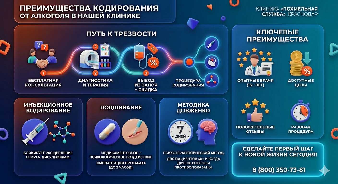 Инфографика о методах кодирования от алкоголя в Сельце: инъекции, подшивание, метод Довженко. Преимущества клиники и этапы лечения.